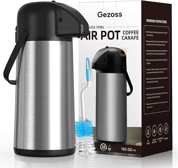 Coffee Carafe for Keeping Hot - Gezoss 102OZ / 3L Airpot Coffee Dispenser with Pump - Large Coffee Thermos for Hot Drinks Tea Liquid - Insulated Stainless Steel Hot Water Beverage Urn for Parties