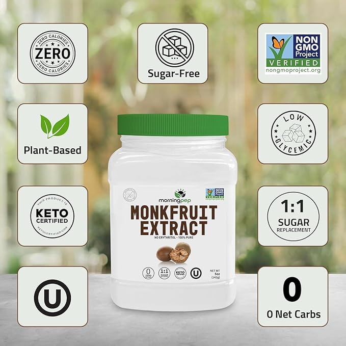 Morning Pep 100% Pure Monk Fruit extract sweetener, No Erythritol, Monkfruit Extract Powder, NON-GMO Project Verified, Keto Certified, OU kosher, No Fillers Zero Calories | Over 1,350 Servings | 15 oz