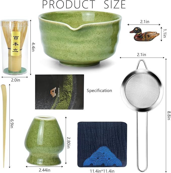 Artcome 7-Piece Matcha Tea Set - Complete Japanese Ceremony Kit with Bowl, Whisk, Scoop, Strainer & Guide, Mottled Green