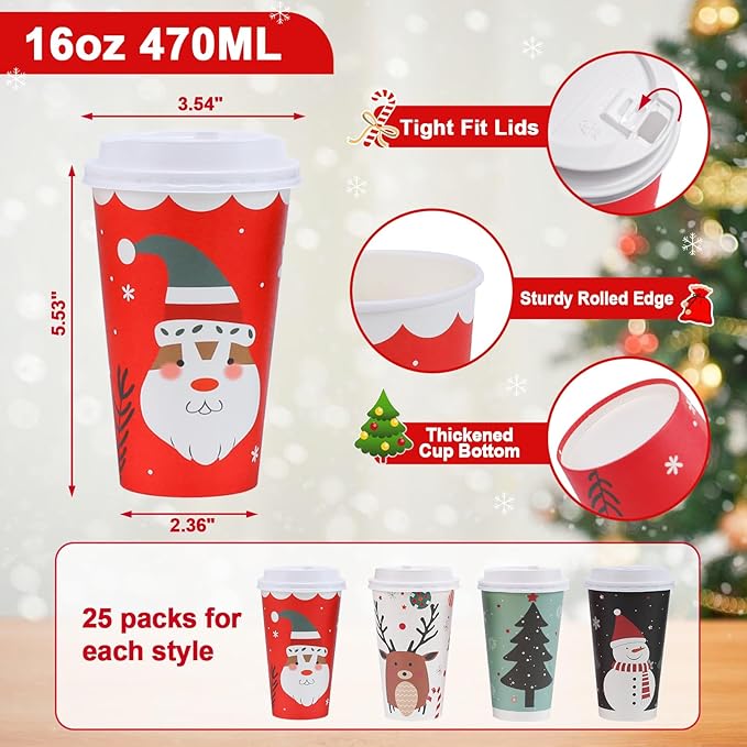 100 Pack 16 oz Christmas Coffee Cups with Lids, Disposable To Go Paper Coffee Cups for Hot/Cold Drinks Office Home Shop Event (Colorful)