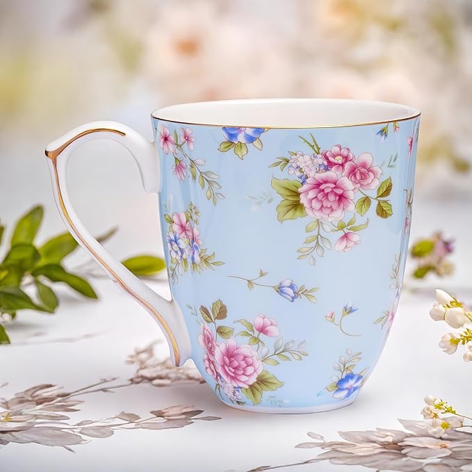 13oz Bone China Floral Mug with Gold Bone China Coffee Mugs Bone Teacup Christmas Mugs Birthday Gifts for Women Mom Friends Coworker