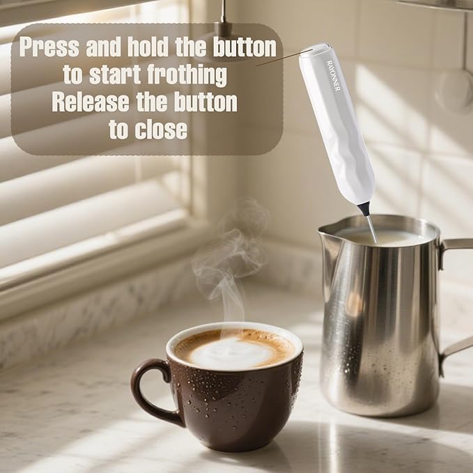 RAYONNER Milk Frother Handheld Fast Powerful Drink Mixer with Stainless Steel Whisk for Coffee, Battery Operated (White)