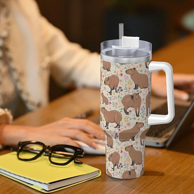 Capybara Gifts Capybara Tumbler Cute Cup for Girls, Teens, Women, Men Stainless Steel Vacuum Insulated 40oz Tumbler with Lid and Straw for Water, Iced Tea or Coffee, Beige