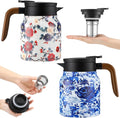 LemonRoad 2 Pcs Vintage Floral Pattern Tea Pot, Vintage Teapot with Infuser, Floral Pattern Tea Pot with Lid, Wooden Handle Thermal Carafe for Hot Drinks Coffee (White, Blue and White Porcelain)