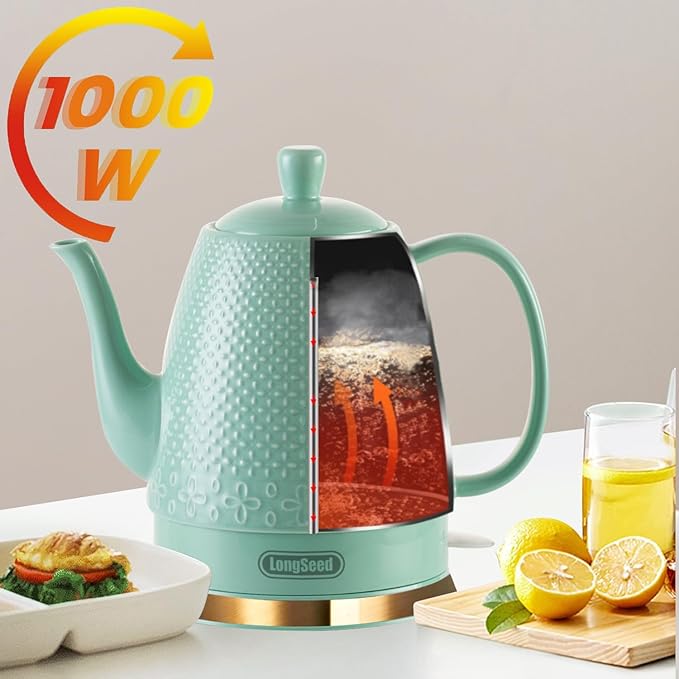 1.2-Liters Ceramic Electric Kettle Pot, 1000W Fast Boil Water For Coffee & Tea, Automatic Shut-Off, Boil Dry Protection, Retro Gooseneck Teapot BPA Free Boiler