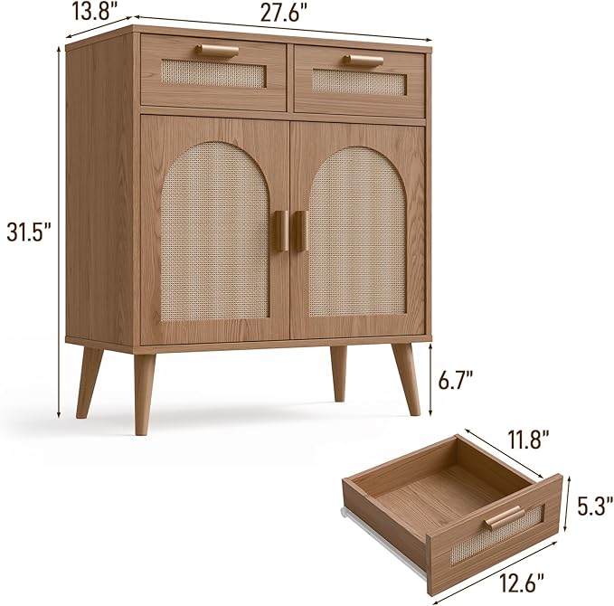 Vabches Kitchen Storage Cabinet with Barn Door, Rattan Sideboard Buffet with Storage Drawers, Rattan Kitchen Cabinet with Drawers for Dining Room, Living Room, EntryWay