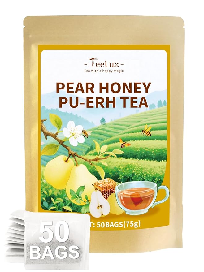 TeeLux Pear Honey Pu-erh Tea Bags, Premium Black & Pu-erh Blend with Natural Pear & Honey Flavor, Smooth & Sweet, 100 Count