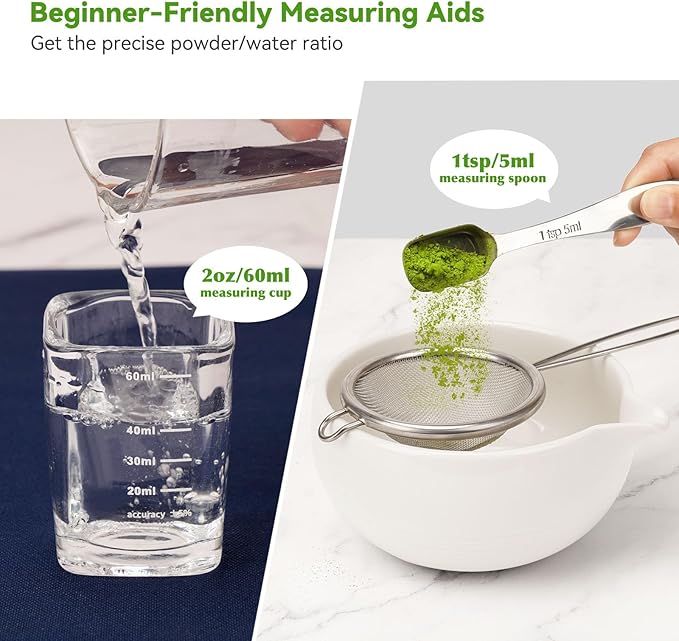Matcha Whisk Set, Matcha Kit 10-Pcs, Bamboo Whisk and Bowl with Spout & Measuring Spoon & Glass, Japanese Tea Making Tools, White