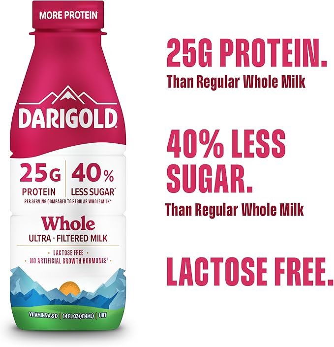 Darigold FIT High Protein Whole Ultra-Filtered Milk - Lactose Free, 25g Protein, 40% Less Sugar - 14oz Bottles, 12 Pack (Whole Milk)