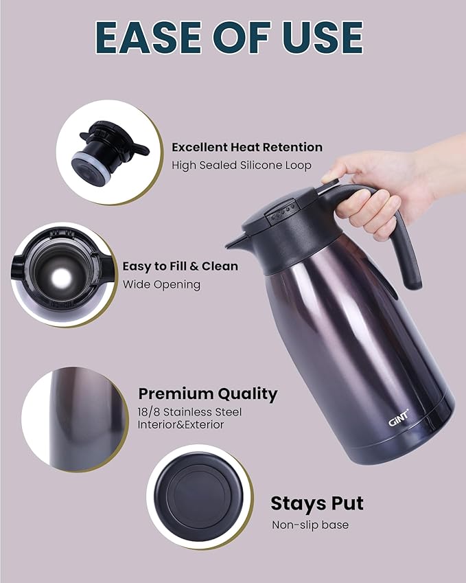 GiNT 1.9L / 64Oz Thermal Coffee Carafe, Insulated Stainless Steel Coffee Carafes for Keeping Hot/Double Walled Vacuum Thermal Carafe (Purple)