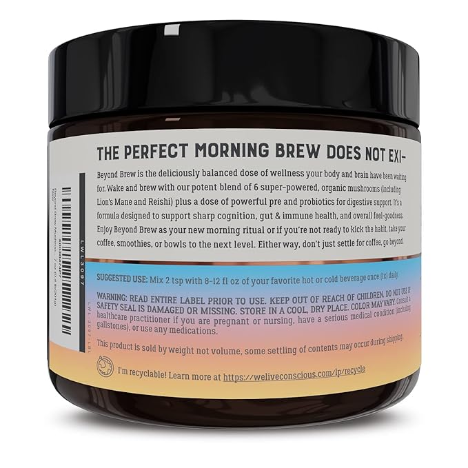 Live Conscious Beyond Brew - Superfood Coffee Alternative - Low Caffeine - Lion’s Mane, Reishi, Cordyceps & Chaga for Sustained Focus, Energy & Immunity - w/ Prebiotics & Probiotics Supports Gut Health 6 oz (2-Pack)