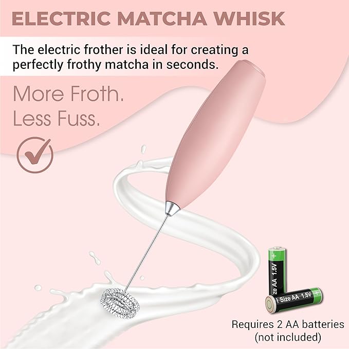 Matcha Whisk Set with Matcha Bowl - Matcha Set Included Electric Frother, Bamboo Whisk, Matcha Spoon, Bamboo Holder, Sifter, Spoon Stand (Simple Pink)