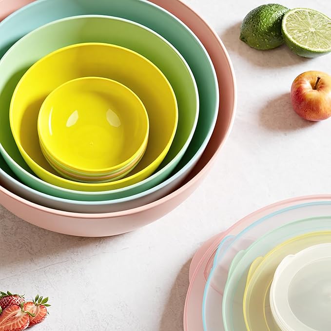 8 Piece Plastic Mixing Bowls with Lids Set - Microwave Safe Kitchen Plastic Bowls for Preparing, Serving and Storing - Dishwasher Safe Large Nesting Mxing Bowl Set Bowls with Mixing Spoon and Fork