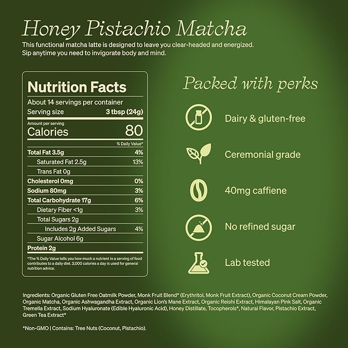 Clevr Pistachio Matcha SuperLatte, Organic Ceremonial Grade, Instant Superfood Powder Blend with Lions Mane, Reishi Mushroom, Coconut Cream, Oat Milk, Ashwagandha, Serve Hot or Iced (14 Lattes)