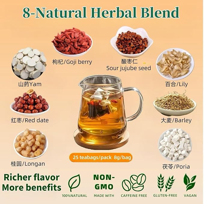 Eastrue Herbal Tea for Sleepytime-Caffeinated Barley Tea Blend 8 Natural Herbs with Jujube Dates,Goji berry, Promotes Healthy Digestion,Pressure Balance,Menopause,Organic,25 Tea Bags