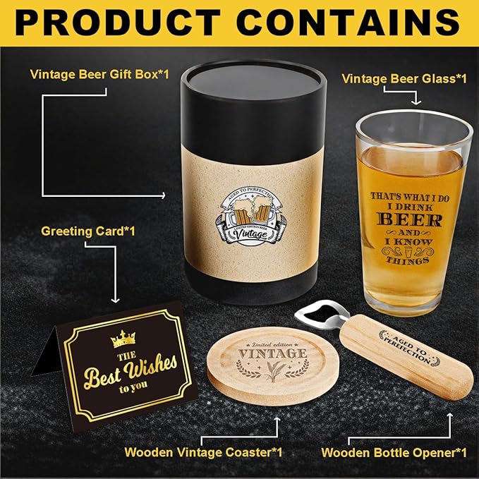 Vintage Father's Day Birthday Gifts for Fathers Your Dad Funny Beer Drinking Glass Beer Gift for Men Brew Lovers Dads Daddy Husband Brother Drinking Buddy Present