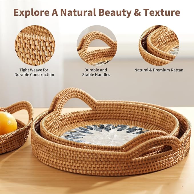Christmas Gift Set – 3 Handwoven Rattan Trays with Natural Shell Inlay, Boho Decorative Wicker Serving & Coffee Table Trays with Handles for Home Decor, Candles, Snacks & Holiday Entertaining