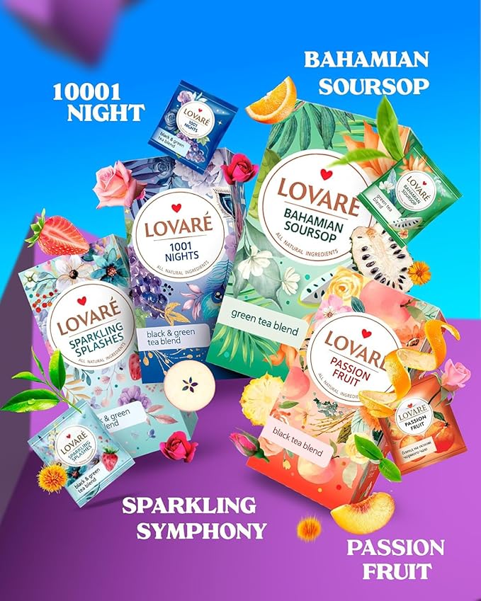 LOVARE Set of 4 Assorted Tea Bags Variety Pack 48 g - Made in Ukraine - 24 Black, Green Tea Sampler Bags x 2 g - Tea Bags Individually Wrapped - Assorted Tea Variety Pack Blends - Gift Box Assortment