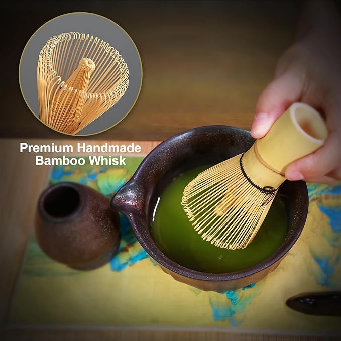 4 PCS Matcha Whisk Set, Matcha Kit Includes Ceramic Matcha Bowl with Spout, Bamboo Whisk, Bamboo Scoop and Ceramic Holder for Tea Matcha Lover, Gilded
