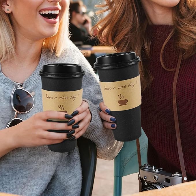 50 Pack 20 oz Coffee Cups with Lids, Disposable To Go Paper Coffee Cups with Sleeves and Stirring Sticks for Hot/Cold Drinks Office Home Shop Event (Black)