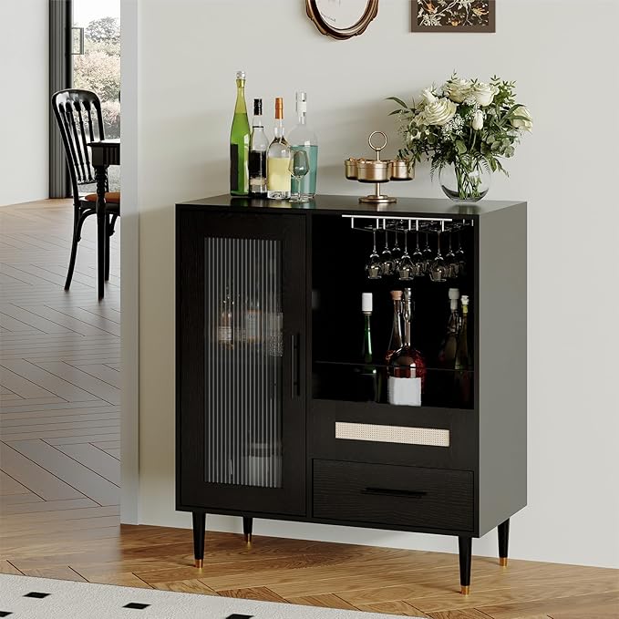Garvee Wine Bar Cabinet with Tempered Glass Door & Rack, 30.7" Freestanding Modern Buffet Sideboard for Dining Room, Kitchen Coffee Bar & Liquor Storage Cabinet with Drawers and Glass Holder