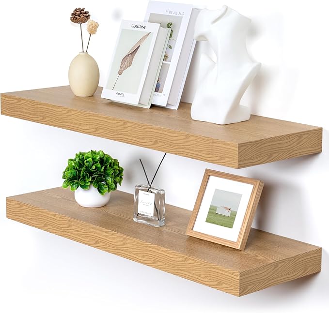 Deep Floating Shelves | 36 Inch Oak Floating Shelves Set of 2 | 12 Inch Deep Rustic Wood Shelves for Wall | 36" W x 12" D Oak Shelves for Living Room Bathroom Laundry Room Kitchen