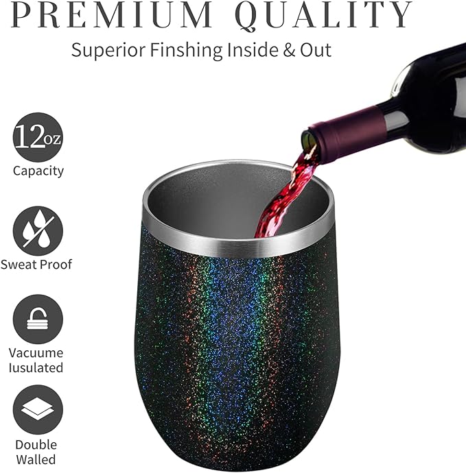 MEWAY Stemless 12oz Wine Tumbler Glasses with Lid -Insulated Double Wall Vacuum Stainless Steel Glitter Tumbler with Straw,for Woman Under 10 dollars(Rainbow Black,1)
