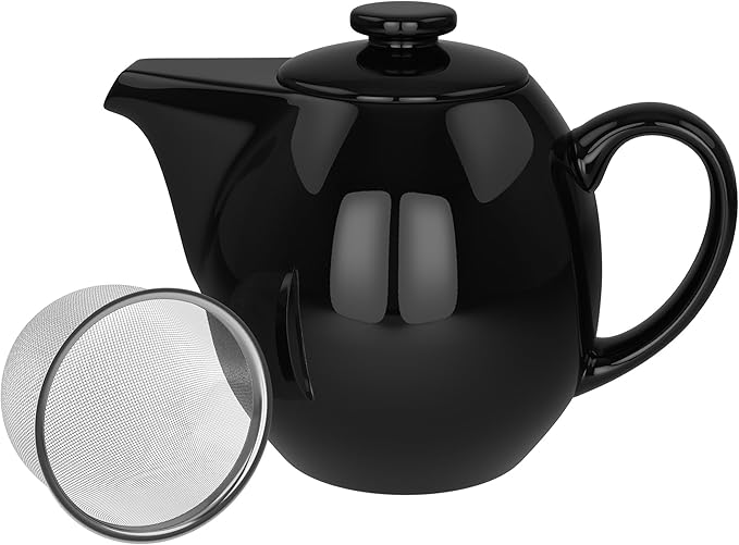 OmniWare 24 Oz Stoneware Teapot with Stainless Steel Mesh Infuser (Black) - Microwave & Dishwasher Safe, Removable Infuser, Retro-Style Kitchenware Ideal for Loose Tea Brewing