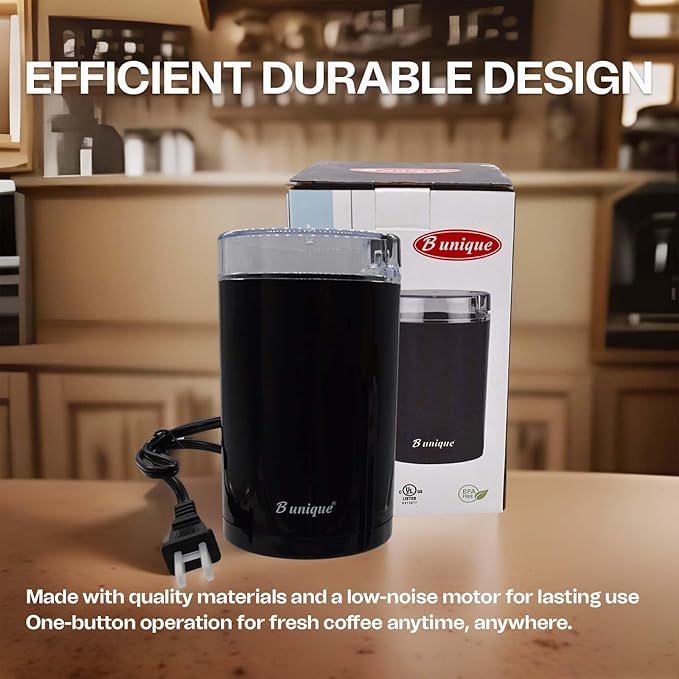 B Unique Electric Coffee & Spice Grinder, 300ml Stainless Steel | Powerful Grinder for Beans, Herbs, Nuts & Seeds | Fast, Safe, Easy to Clean | Compact Kitchen Design
