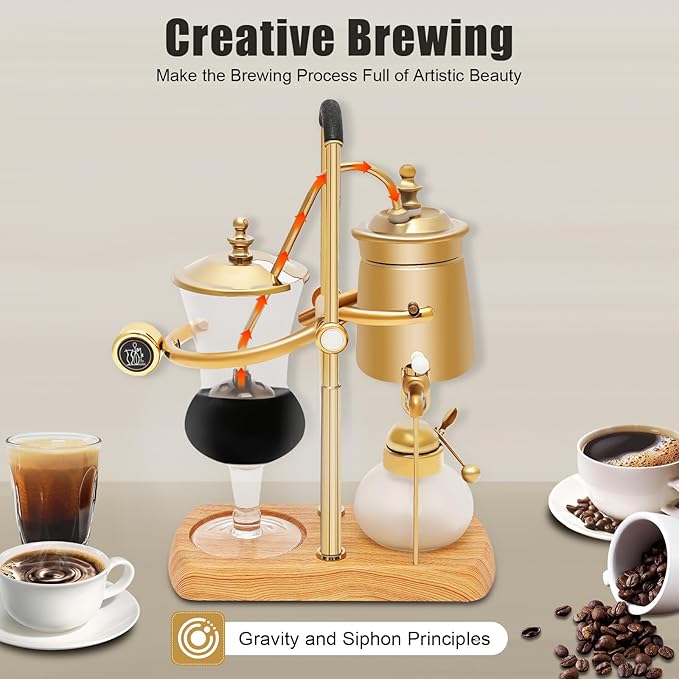 Retro Gold Siphon Coffee Maker - Vintage Vacuum Brewer with Creative Brewing Artistry & Auto-Safety Shutoff, Elegant Kitchen Decor for Home Baristas and Coffee Lovers