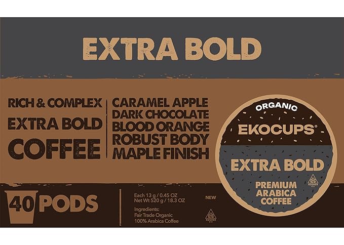 EKOCUPS Organic Extra Bold Roast Coffee Pods, Extra 30% More Coffee Per Cup, Artisan Fair Trade Dark Roast, Extra Bold for Keurig K Cup Machines, Recyclable Pods, 40 Count