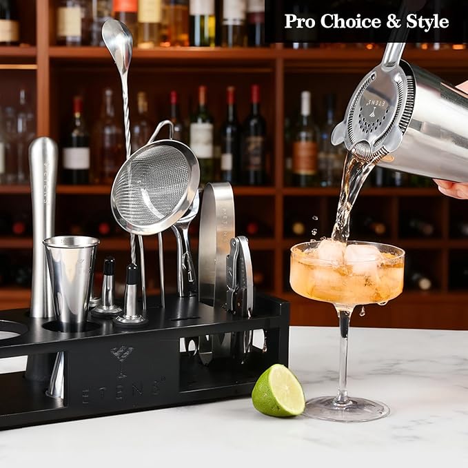 Cocktail Shaker Set Drink Mixer Bar Accessories – 15Pcs Mixology Bartender Kit Includes Boston Shaker, Japanese Jigger, Strainer, Bottle Opener, Cocktail Mixing Spoon – Handcrafted Wood Stand