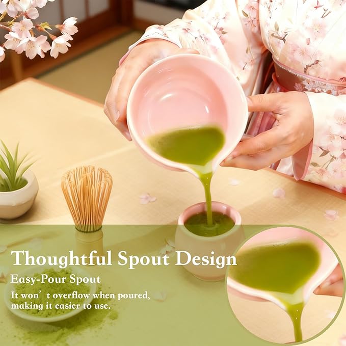 5Pcs Japanese Matcha Tea Set - Ceramic Bowl with Spout & Holder, Bamboo Whisk (Chasen), Scoop, Sifter - Complete Traditional Tea Ceremony Kit for Beginners, Gift for Tea Lovers(Pink)