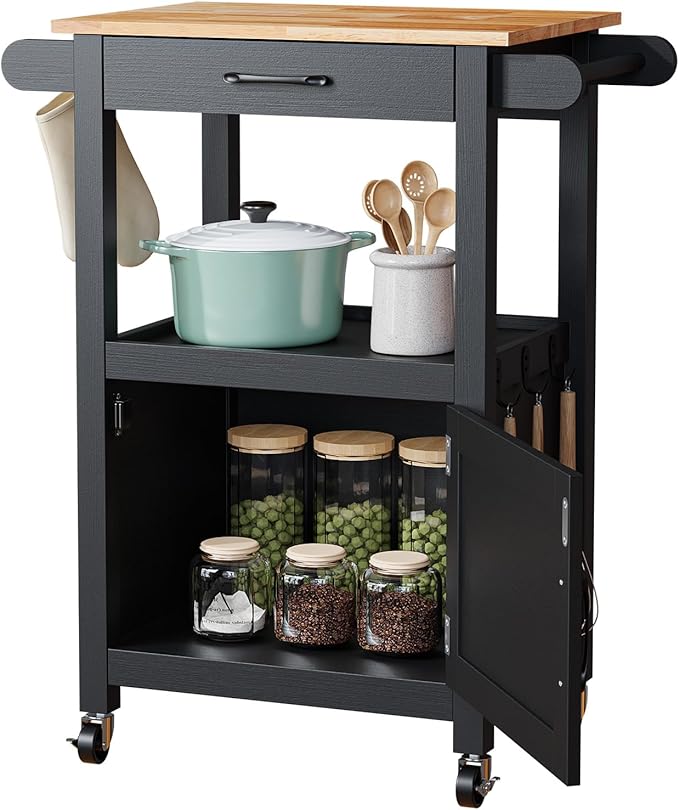 VINGLI Rolling Kitchen Cart with Microwave Stand, Storage Cabinet & Drawer, Small Coffee Cart with Side Hooks & Towel Rods, Compact Kitchen Island on Swivel Wheels, Black