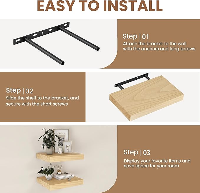 Floating Shelves for Wall, Real Wood Floating Shelf Set of 2, 8 Inch Deep Floating Shelves, Rustic Wood Wall Shelf for Home Decor, Deep Storage Shelves for Bathroom, Kitchen, 16"W x 8"D, Burlywood