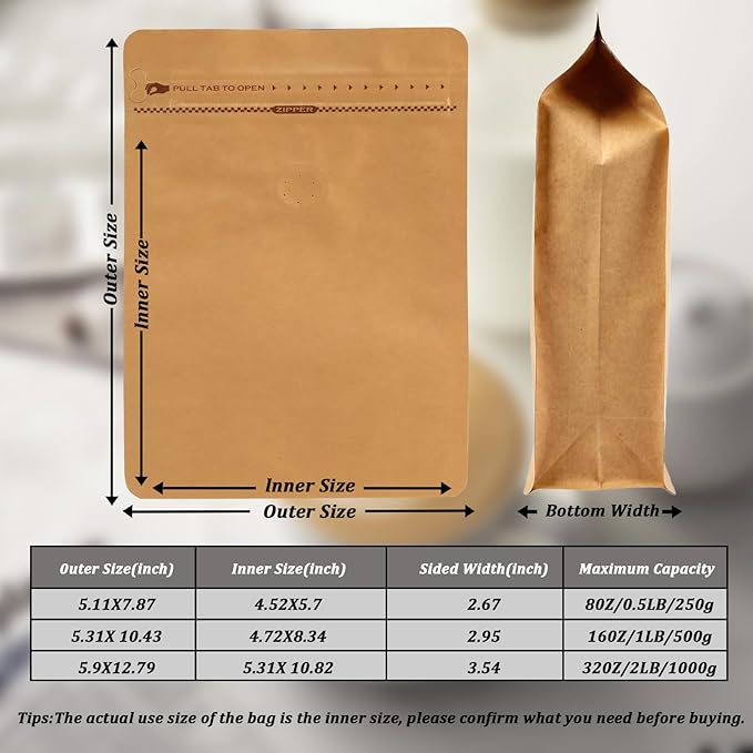 50 PCS Upgraded Coffee Bags with Valve (Kraft Paper, 8 oz/0.5 lb), Black High Barrier Aluminum Foil Flat Bottom Standing Coffee Bean Storage Bags, Heat Sealable Resealable Bag for Home.