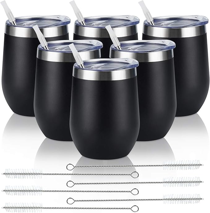 6 Pack Stainless Steel Wine Tumblers, 12Oz Insulated Wine Tumbler, Double Wall Insulated Wine Glass, Stainless Steel Stemless Wine Cups with Lids for Coffee, Wine, Cocktails, Champaign, Black…