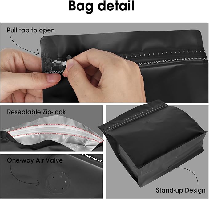 50 Count 8oz Coffee Bags with Valve,1/2 lb Vented Coffee Beans Packaging Bags High Barrier Aluminumed Foil Flat Bottom Heat Sealed Side Zipper Resealable Storage Bag for Home or Business（Black）