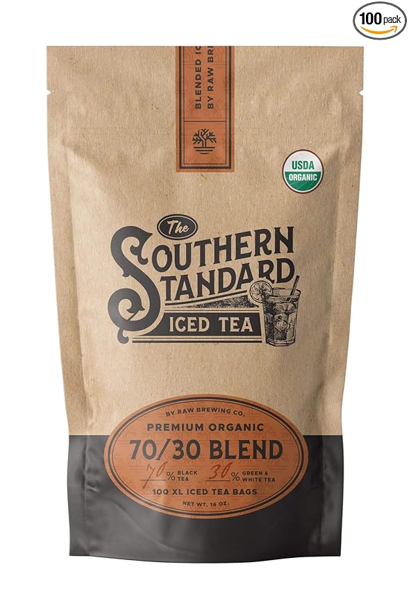 The Southern Standard - Premium Organic Iced Tea Bags - 70/30 Blend (70% Black, 30% Green and White),100 XL Bags (1 Pound. Makes 50 gallons.)