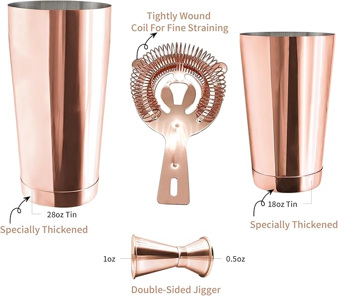 Boston Cocktail Shaker Bar Set, Weighted Boston Shaker Tins, Bartender Kit with 18oz & 28oz Mixed Drink Shaker, Hawthorne Strainer, Double Measuring Jigger - Rose Gold