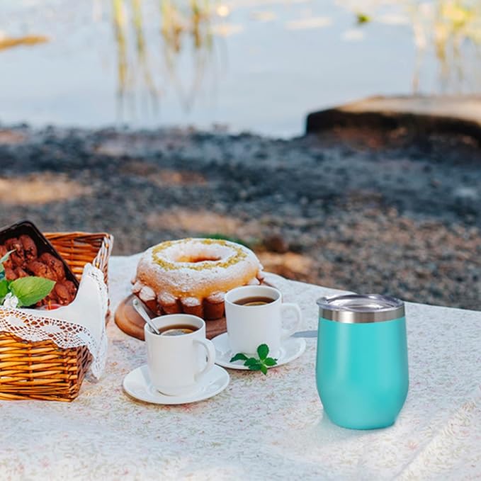 12 oz Insulated Wine Tumbler with Lid and Straw,Stainless Steel Stemless Wine Tumbler Glasses Double Wall Vacuum Wine Cups Tumbler Bulk for Coffee,Champaign,Office(Mint Green,4)