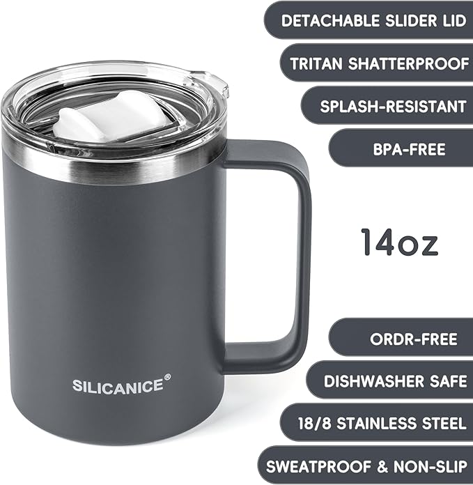 14/24oz Insulated Coffee Mug Cup With Handle, 304 Stainless Steel Vacuum Insulation, Tritan Detachable Slider Lid, BPA Free, Dishwasher Safe - Office & Home - Gray