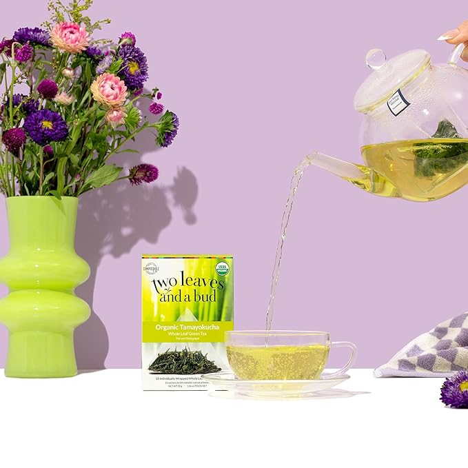 Two Leaves and a Bud Organic Tamayokucha Tea Bags, Whole Leaf Tea in Compostable Sachets, Japanese Green Tea, Light Flavor, 15 Count (Pack of 6)