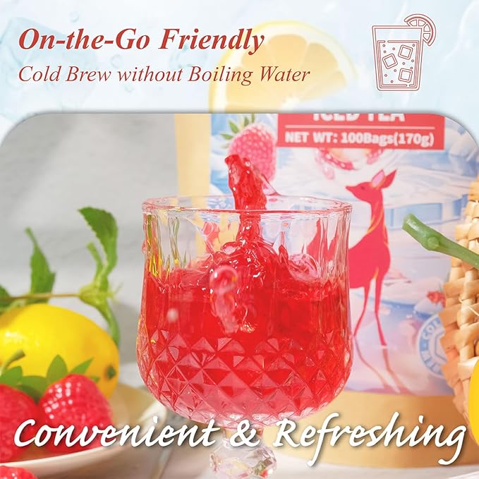 WT WEETEE Strawberry & Raspberry Herbal Iced Tea, 100 Count Cold Brew Hibiscus Iced Tea Bags, Rich Tartness & Sweetness, Caffeine-Free, No Artificial Sweeteners