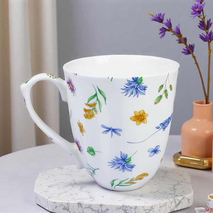 14oz Bone China Coffee Mug Floral Bone Mug Cute Coffee Mug Teacup for Women Mom Friend (flower with grass)