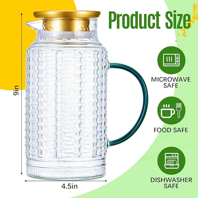 Hsei 2 Pack Glass Pitcher with Lid,68 Oz/2l Vintage Water Pitcher, Large Retro Clear Borosilicate Glass Water Carafe for Cold Brew, Lemonade, Iced Tea, Coffee, Beverage, Heat Resistant Jug