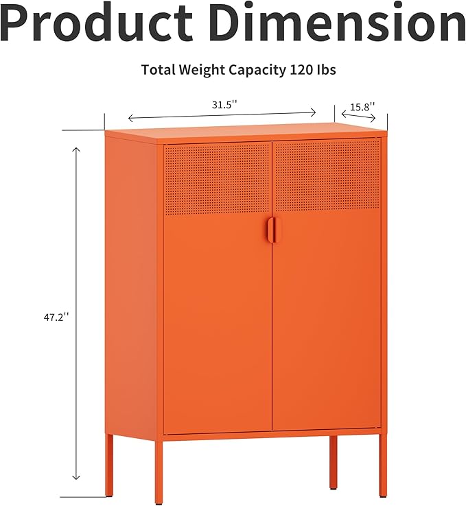Metal Storage Cabinet,Kitchen Pantry Storage Cabinet,Metal Sideboard with 2 Doors and 2 Adjustable Shelves,Orange Locker Cabinet for Home,Bathroom,Hallway,Office,Dining Room