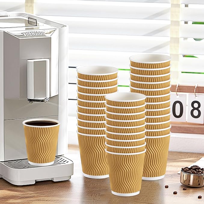 Lamosi Disposable Coffee Cups 8 OZ 100 Pack Champagne, Paper Coffee Cups 8 OZ for Hot Drinks or Cold Beverages, Insulated Corrugated Ripple Wall Cup No Lids for Office, Cafe, Home or Travel