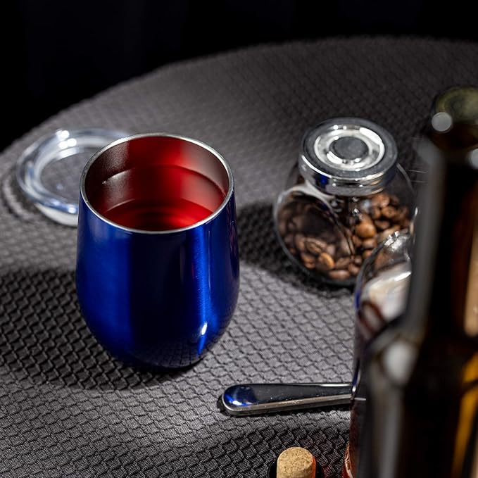 COMOOO Stainless Steel Wine Tumbler with Lid and Straw, 12oz Double Wall Vacuum Insulated Wine Tumbler Cup, Stemless Wine Tumbler for Hot and Cold Drinks, Coffee, Wine, Cocktails, Royal blue, 12 Pack