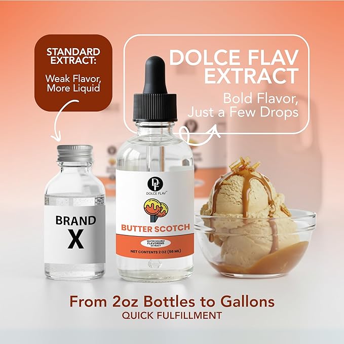 Dolce Flav Natural Butterscotch Extract 2 oz – Kosher, Sugar-Free, Concentrated Rich Butterscotch Flavoring for Baking, Beverages & Desserts, Includes Measured Dropper